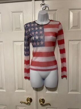 Forever 21 Sheer American Flag Long-Sleeve Top - Red, White & Blue